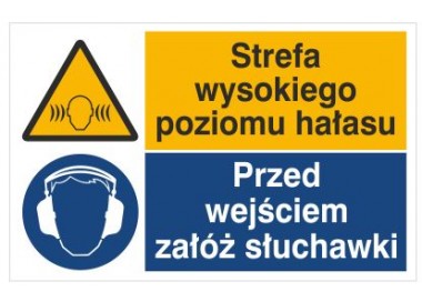 Znak strefa wysokiego poziomu hałasu. Przed wejściem załóż słuchawki (520-03)